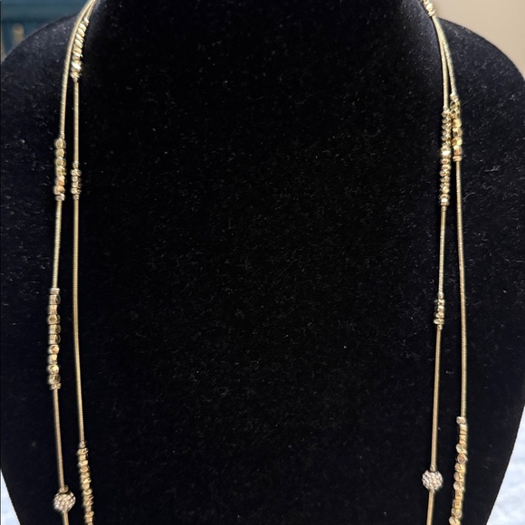 Chico’s Gold Tone Rhinestone Beaded Double Layered Long Statement Necklace - Picture 2 of 5